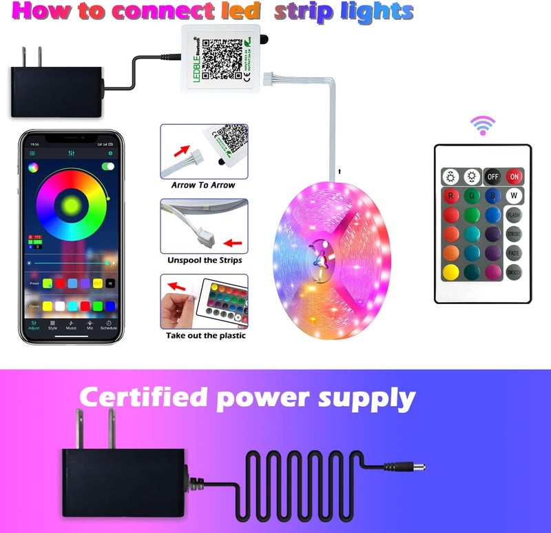 LETIANPAI 100ft Led Strip Lights,Long Smart Led Light Strips Music Sync 5050 RGB Color Changing Rope Lights,Bluetooth APP/IR Remote/Switch Box Control Led Lights for Bedroom,Home Decoration,Party,Festival - Image 3
